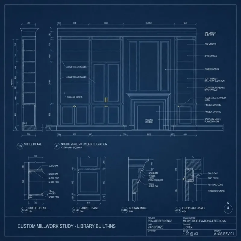 Architectural millwork blueprint drawings